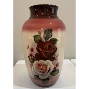 Vtg LARGE Hand Painted Red White Rose Floral Botanical Vase 13” H 7 5/8” D